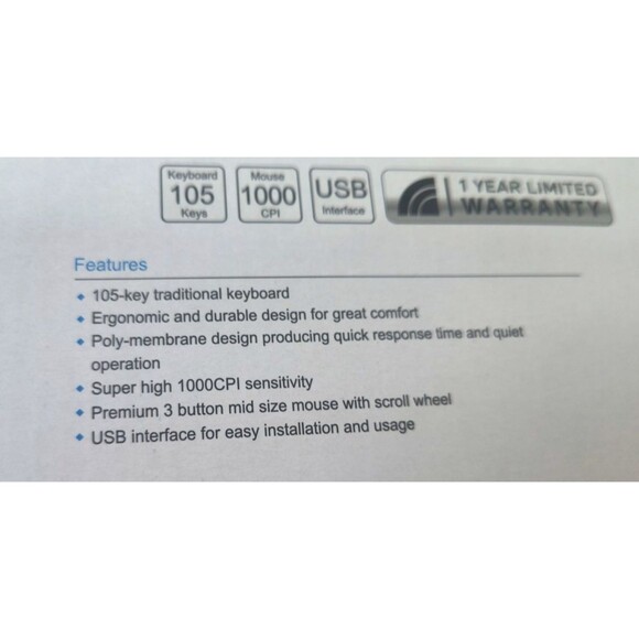 NEW Inland iC210 USB Black Keyboard And Mouse 1000 CPI Combo 105 Keys NIB In Box - Picture 4 of 11